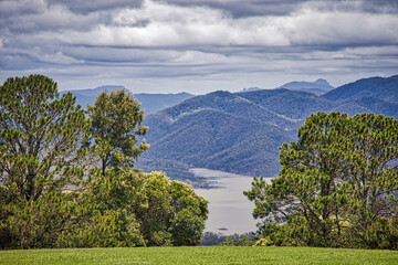 landscape with mountains in the Tamborine Mountain Range, Queensland, Australia.