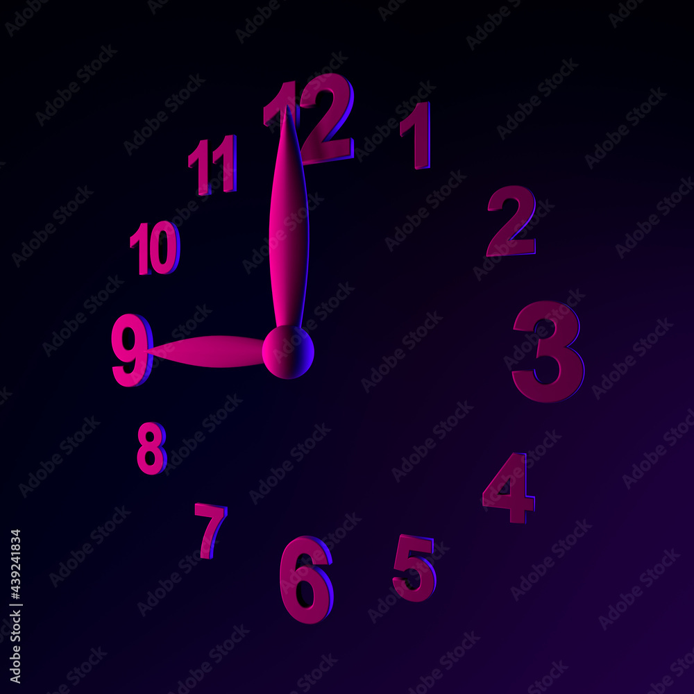 Poster neon wall clock icon. 3d rendering ui ux interface element. dark glowing symbol.