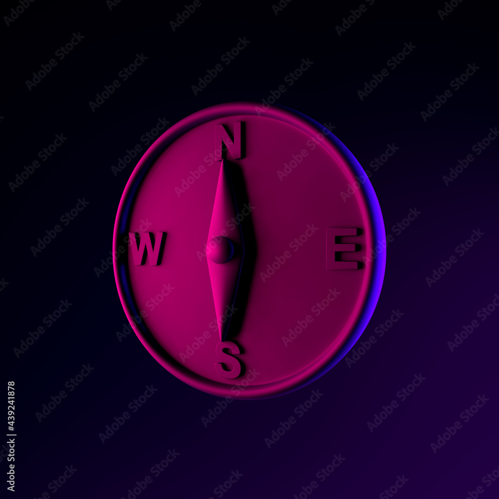 Poster magnetic compass neon icon. 3d rendering ui ux interface element. dark glowing symbol.