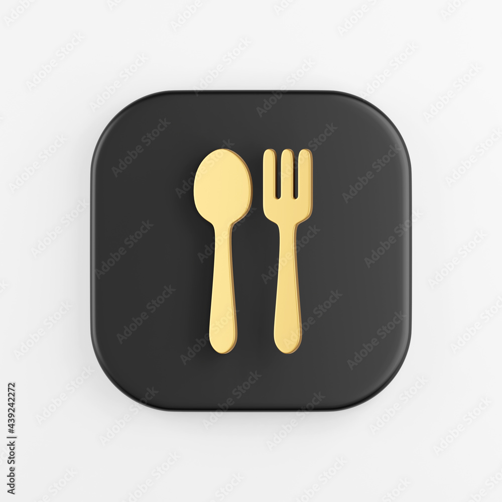 Poster golden spoon and fork icon in flat style. 3d rendering black square button, interface ui ux element.