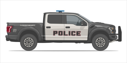Police Truck Side View Angle, Detailed, Isolated Vector Illustration