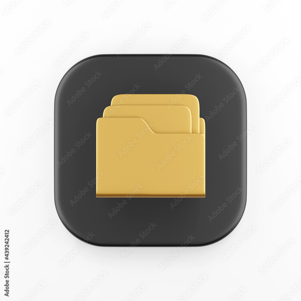 Poster the golden folder with documents icon. 3d rendering black square button, interface ui ux element.
