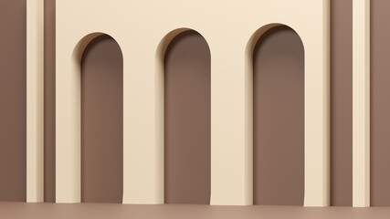 Milk chocolate arch - 3d render illustration. Abstract minimalistic architectural composition. Empty space, podium, pedestal for exhibition presentation of brand product.