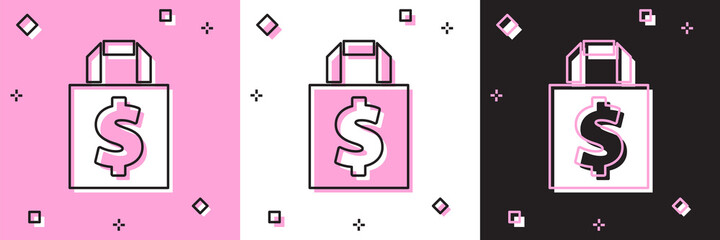 Set Shoping bag and dollar symbol icon isolated on pink and white, black background. Handbag sign. Woman bag icon. Female handbag sign. Vector Illustration