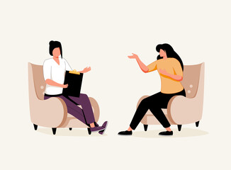 Female psychotherapist has an Individual session with her patient and sees positive results. Happy Woman sits on sofa