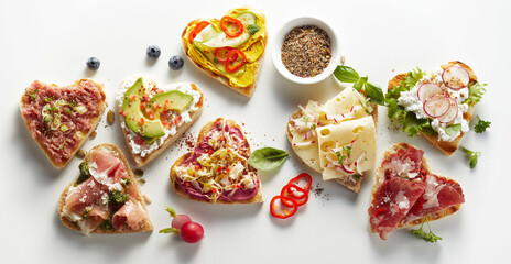 Assorted delicious toasts on white table