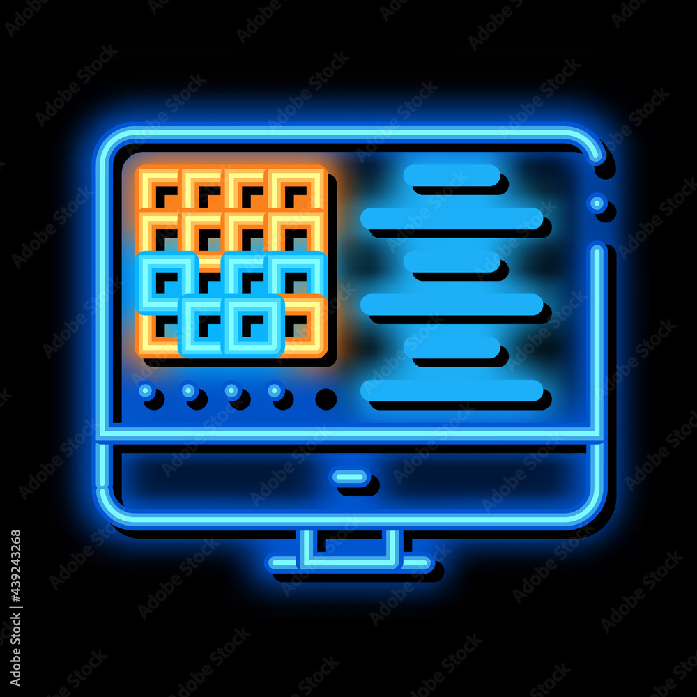 Poster manufacturing computer automation control neon light sign vector. glowing bright icon manufacturing 