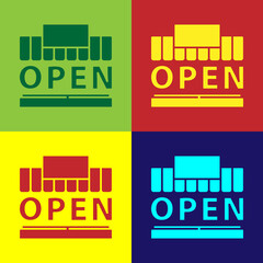 Pop art Shopping building or market store and text open icon isolated on color background. Shop construction. Vector Illustration