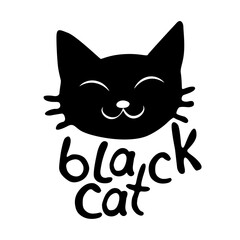 Muzzle of cute black cat-vector lettering and illustration in flat style, isolated. Funny icon, clipart, design element, decoration for Halloween, greeting card, template of sticker or badge
