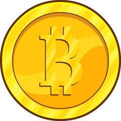 Cartoon Golden Coin With Bitcoin Sign. Vector Hand Drawn Illustration Isolated On Transparent Background