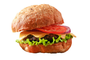 Homemade hamburger with cutlet, salad, onion, tomato and cheese. Cheeseburger, burger isolated on white background. Close-up of home made burgers
