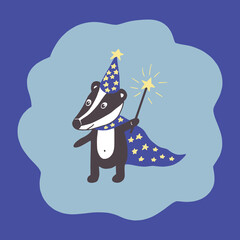 badger with magic wand icon. hand drawn doodle style. vector, cartoon. Nursery room decor, children print. cute animal. newborn, sticker, poster, card.