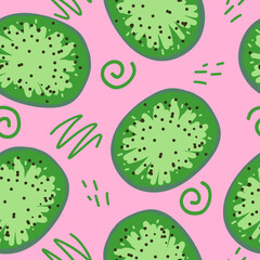 kiwi and doodles vector seamless pattern. hand drawn. illustration for wallpaper, wrapping paper, textile, background. green fresh juicy summer fruit.