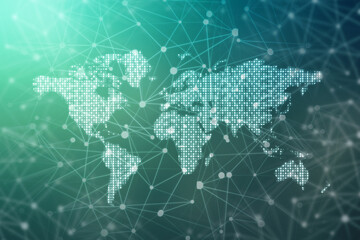 Abstract world map of binary code. Glowing map of the earth. Dark blue background. Blue lights. High tech. Sci-fi technology. Programming, big data. Global network.