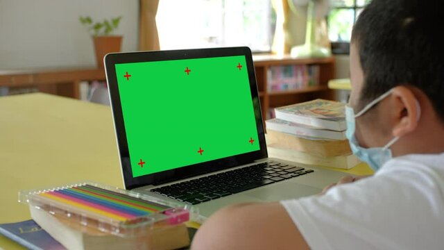 Back view of Asian little boy with face mask look green screen laptop