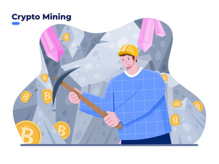 People mining crypto coin with pickaxe concept illustration. Digital currency crypto mining process. Man digging and extracting bitcoin in mine cave. Successful crypto miner.