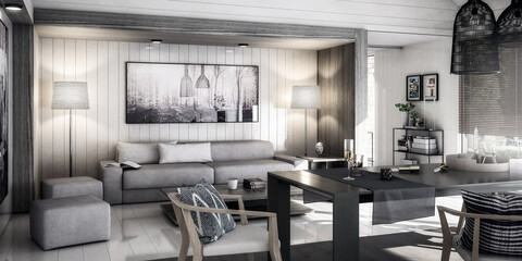 Modern Furnishings Inside an Attic Designed in White Wood - panoramic black and white 3D Visualization