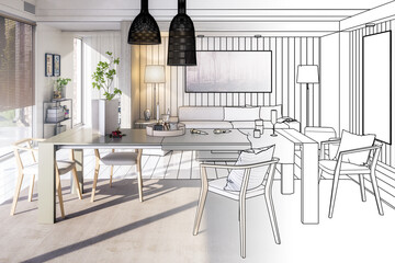 Modern Furnishings Inside an Living Room Designed in White Wood (conception) - 3D Visualization