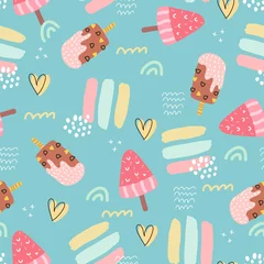 Muurstickers summer seamless pattern with cartoon ice cream, decor elements. colorful vector for kids, hand drawing flat style. baby design for fabric, print, textile, wrapper © Ann1988