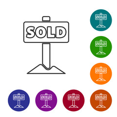 Black line Hanging sign with text Sold icon isolated on white background. Sold sticker. Sold signboard. Set icons in color circle buttons. Vector