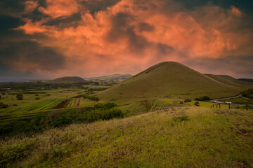 Rapa Nui. The landscape with the volcano on Easter Island, Chile