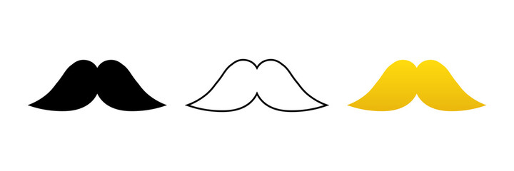 Set, collection of minimalistic moustache icons for barbershop design. Black, outlined, golden mustache silhouettes icons.