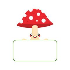 Cute cartoon style smiling mushroom character with dotted red cap holding in hands blank card, banner.
