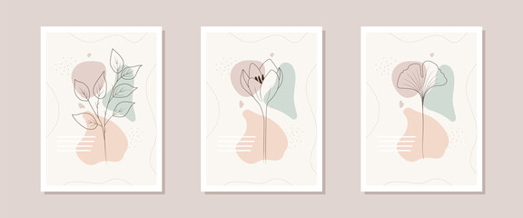 Collection of contemporary flower posters. Hand drawn abstract botanical elements. Minimal interior design and natural wall art. Modern vector illustration.