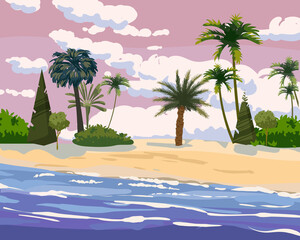 Fototapeta na wymiar Beach tropical island, palms and plants. Coast exotic ocean sea, resort seaside summertime view. Vector illustration
