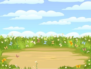 Naklejka premium Glade. Place in a meadow with wildflowers. Grass close-up. Beautiful green rural landscape. Cartoon style. Flat design. Countryside view. Flowers. Vector illustration. art