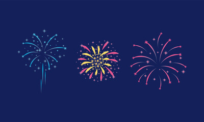 Fireworks Sparks Bright Explosion as Entertainment Display on Blue Background Vector Set