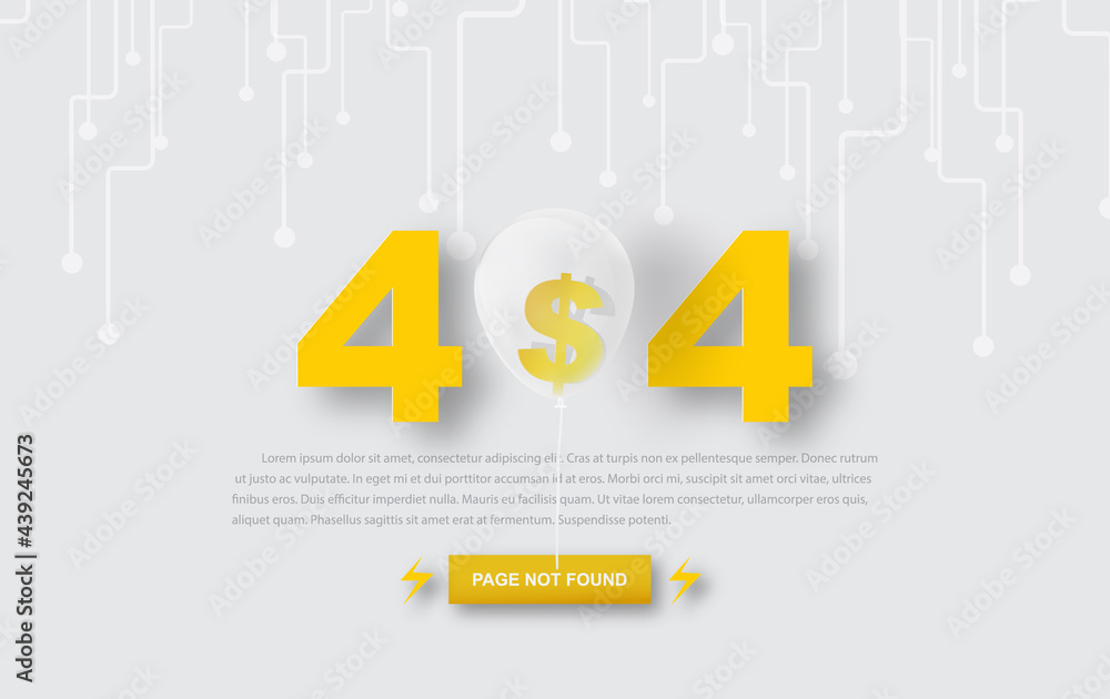 Wall mural background page not found 404 design template. 404 error page dollar in balloon and paper cut concep