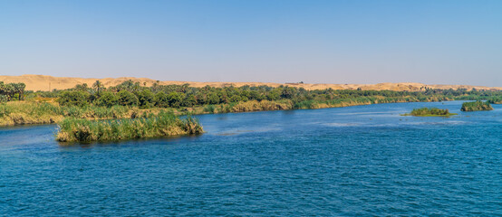 Panoramic view of fertile vegetation along the banks of the Nile River near Edfu, Egypt - obrazy, fototapety, plakaty