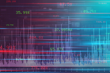 Financial chart with uptrend line graph and bar chart on abstract business background.