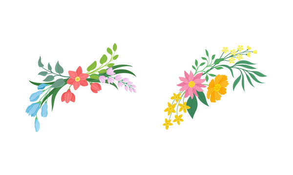 Floral Arrangement with Twigs and Flowers for Corner Decoration Vector Set
