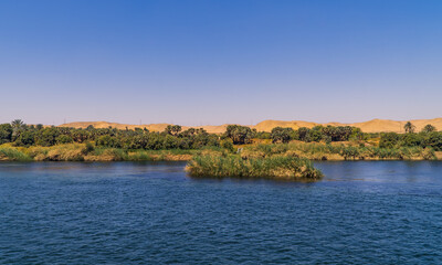 Fototapeta na wymiar Panoramic view of fertile vegetation along the banks of the Nile River near Edfu, Egypt