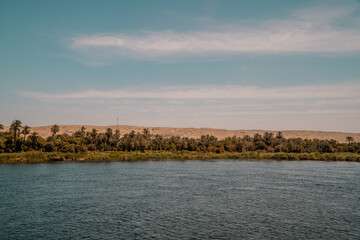 Sunset panorama view of the shores of the Nile River with palm trees and vegetation near Edfu, Egypt