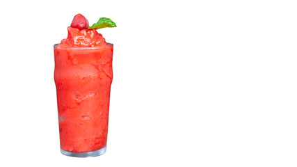 Clipping path, Strawberry smoothie juice with strawberry on top, refreshment beverage fruit juice, on white background.
