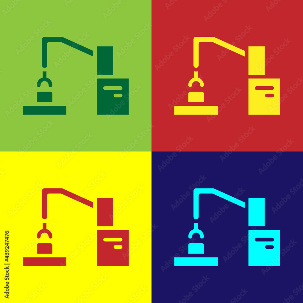 Poster pop art industrial machine robotic robot arm hand factory icon isolated on color background. industr