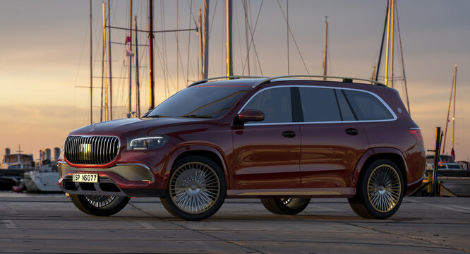 Mercedes GLS Maybach luxury SUV in a marina