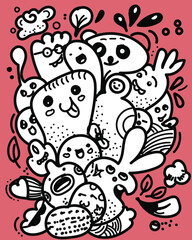 cute scary doodles of ghosts, Halloween party.