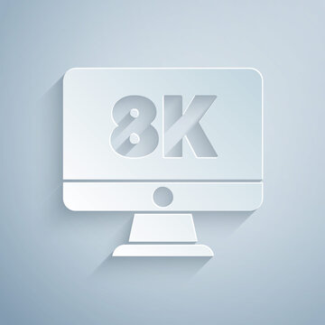 Paper cut Computer PC monitor display with 8k video technology icon isolated on grey background. Paper art style. Vector