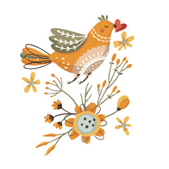 Cute cartoon kids summer bird animal vector card in Scandinavian style. Floral branch, children greeting print, wildlife baby element.
