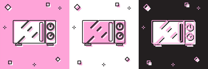 Set Microwave oven icon isolated on pink and white, black background. Home appliances icon. Vector