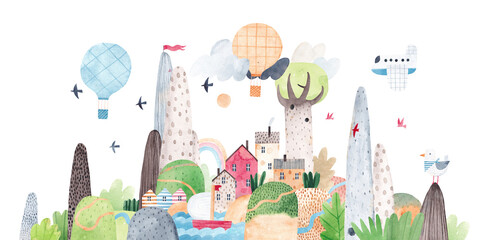 Paysage de montagne. Illustration à l& 39 aquarelle avec montagnes, collines, rivière, lac et village mignon, ballons et oiseaux. Carte postale du voyageur. Peinture pour la chambre des enfants.