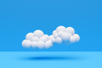 3d illustration of a white cartoon cloudes. Cumulus cloudes on blue background with shadow