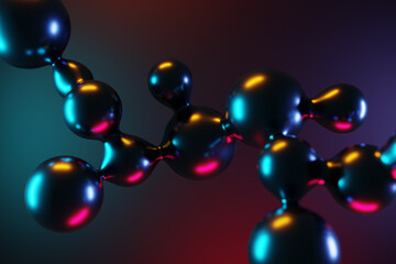 3d illustration of a black metaball with a huge number of parts on a blue and pink lights. Digital metaball background of flying overflowing into each other shiny spheres.