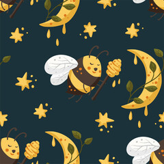 Honey cute bee insect summer seamless pattern background with stars and moon. Cartoon baby fly nature design. Vector illustration sweet textile good night design.