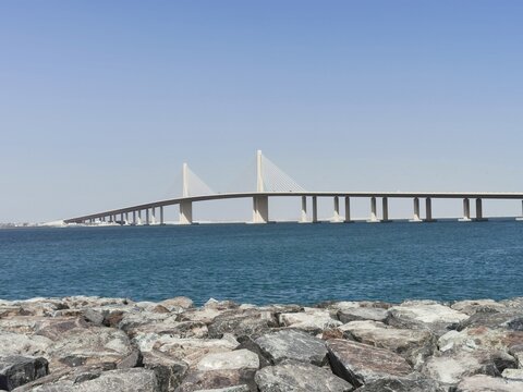 Beautiful hanging or Cable stayed bridge connecting al bateen and Al Hudayriat Island in Abu Dhabi, UAE. 