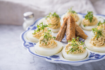 Kalte gefüllte russische Eier mit Frischkäse, Kresse und Kräuter farciert auf Blau Weiß...